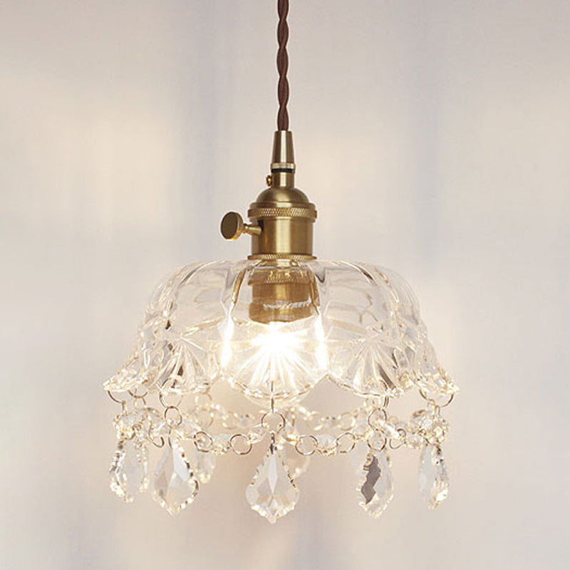 Forme de fleur Shade plafonnier pendant vintage 1 clair en verre transparent clair léger avec un pendentif en cristal