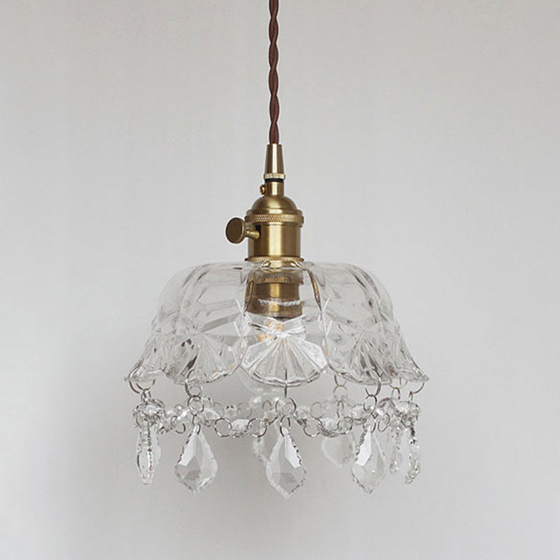 Forme de fleur Shade plafonnier pendant vintage 1 clair en verre transparent clair léger avec un pendentif en cristal