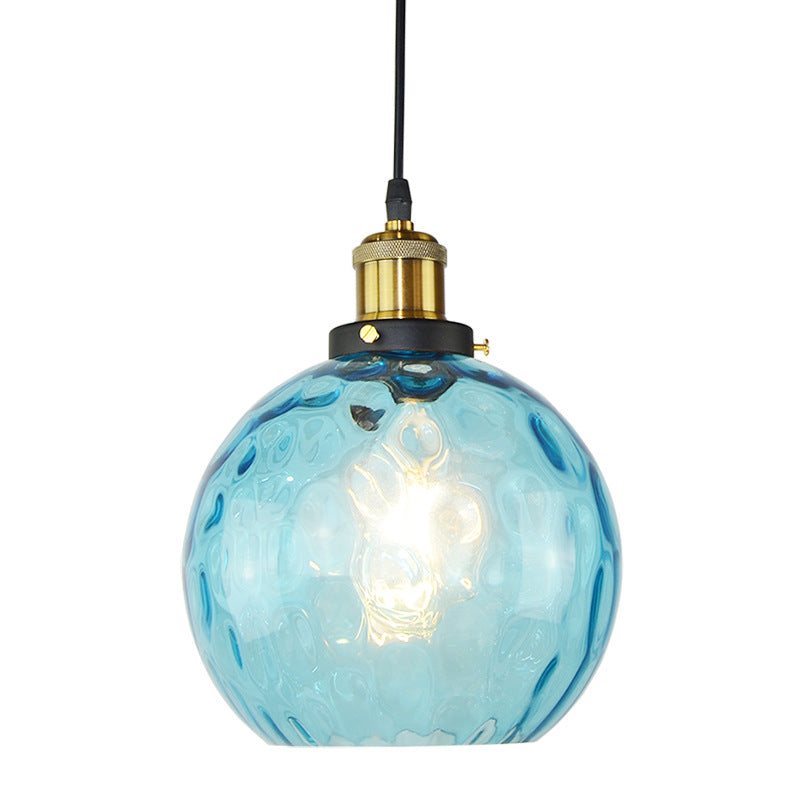 Blue 1 Light Spherical Pendant Lamp Vintage Industrial Ripple Glass Hanging Lamp for Living Room