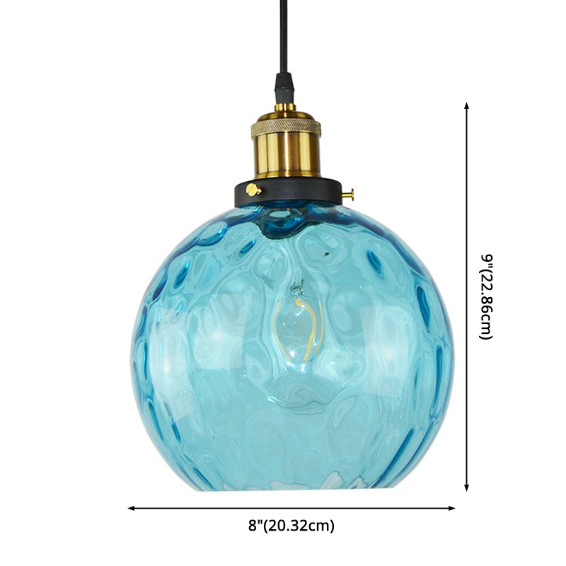 Blue 1 Light Spherical Pendant Lamp Vintage Industrial Ripple Glass Hanging Lamp for Living Room