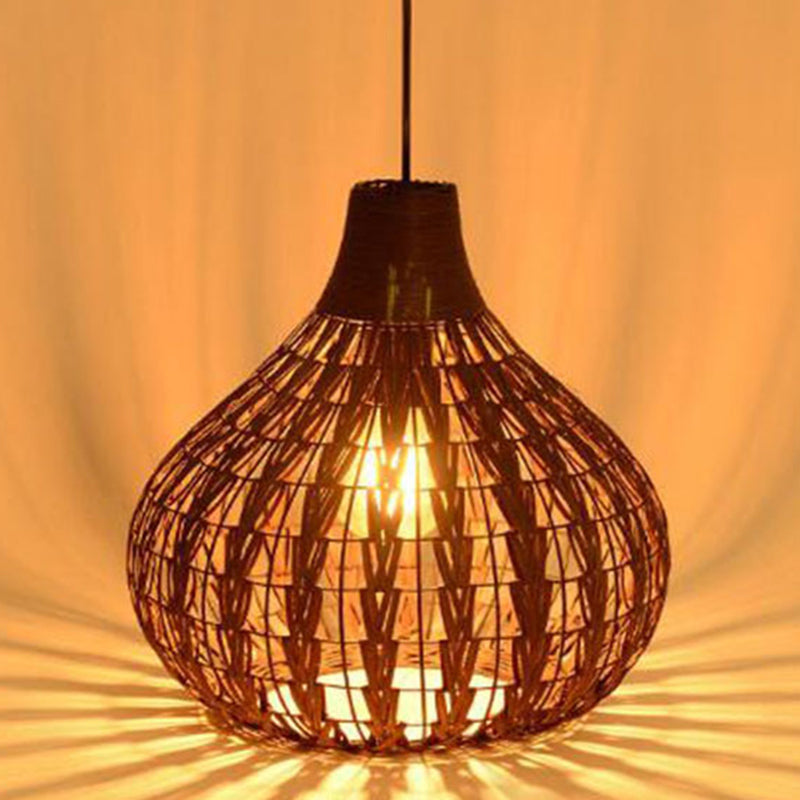 1 Light Teardrop Pendant Lamp Rustic Ribbed  Rattan Hanging Lamp for Dining Room Table