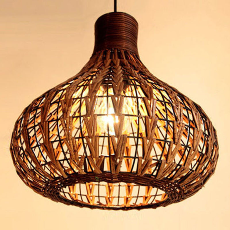 1 Light Teardrop Pendant Lamp Rustic Ribbed  Rattan Hanging Lamp for Dining Room Table