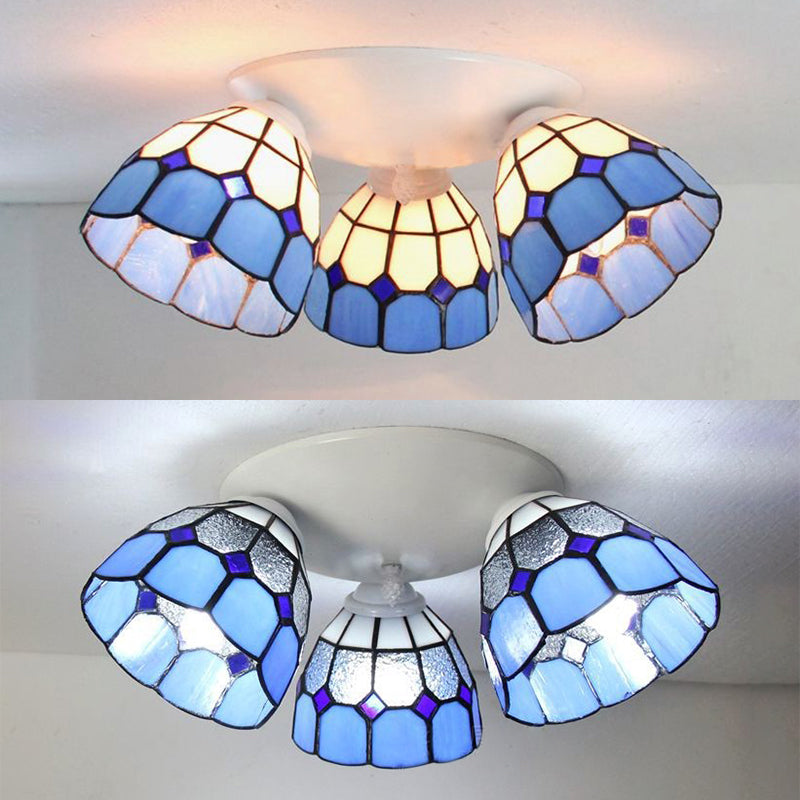 3 Heads Dome Shade Ceiling Light Mount Tiffany Stained Glass Ceiling Light Fixture in White/Clear