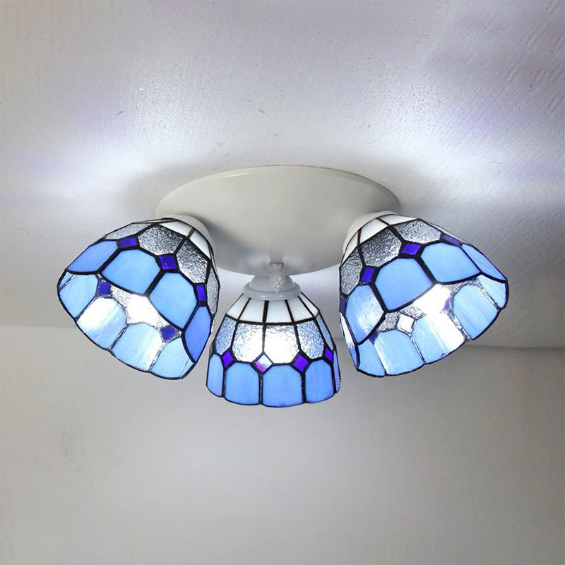 3 Heads Dome Shade Ceiling Light Mount Tiffany Stained Glass Ceiling Light Fixture in White/Clear