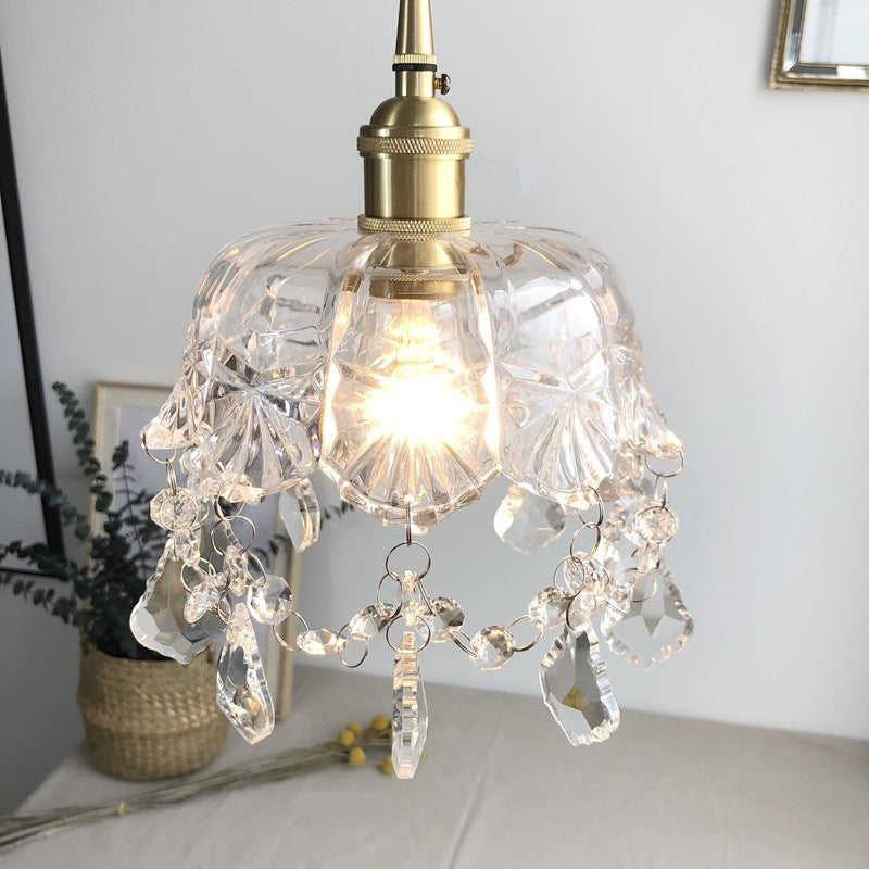 Floral Dining Room Suspension Light Retro Clear Glass 1 Light  Brass Pendant Light Fixture with Crystal Drip