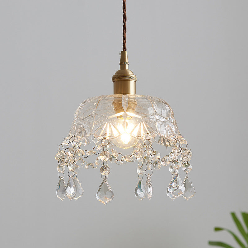 Floral Dining Room Suspension Light Retro Clear Glass 1 Light  Brass Pendant Light Fixture with Crystal Drip