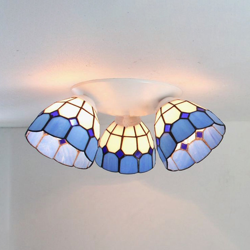 3 Heads Dome Shade Ceiling Light Mount Tiffany Stained Glass Ceiling Light Fixture in White/Clear