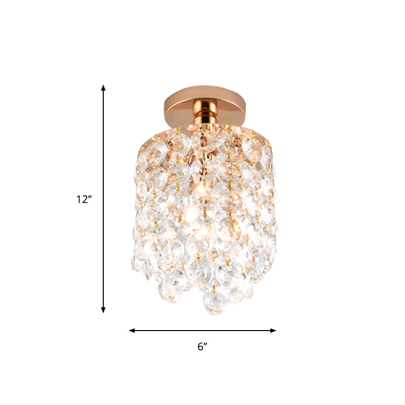 Golden Cylinder Mini Semi Flush Light Simplicity 1 Bulb Crystal Flush Mount Ceiling Lamp