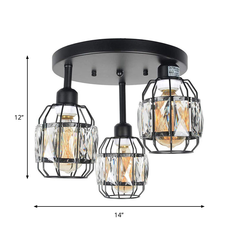 Traditional Cup Shape Flush Ceiling Lamp Iron Frame 3-Light Black Semi Flushmount Lighting with Crystal Accent