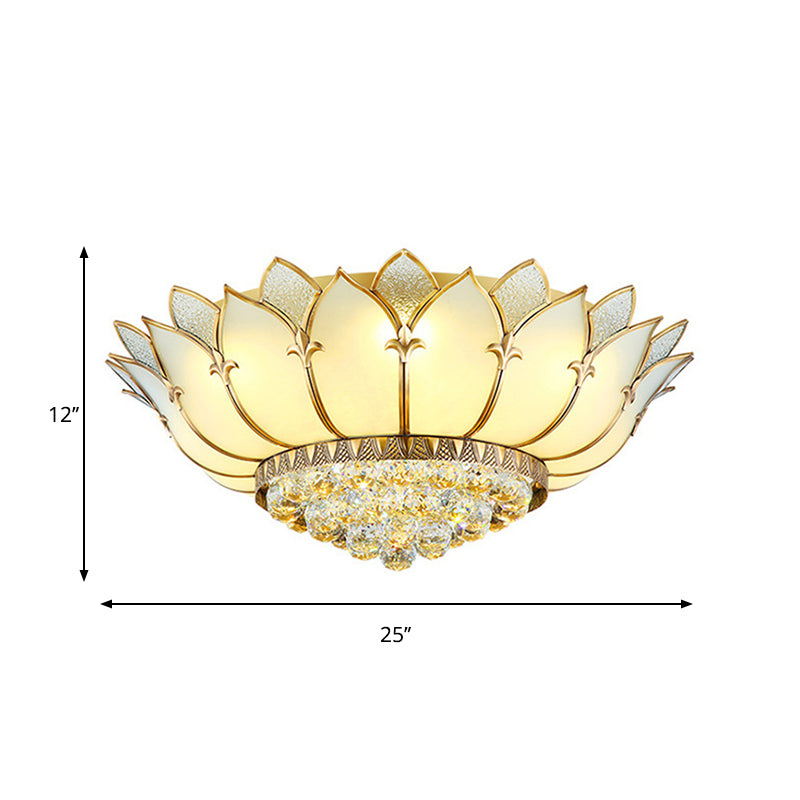 Prismatic Glass Lotus Flush Mount Chinese Style 5 Lights White Ceiling Light Fixture with Crystal Finial