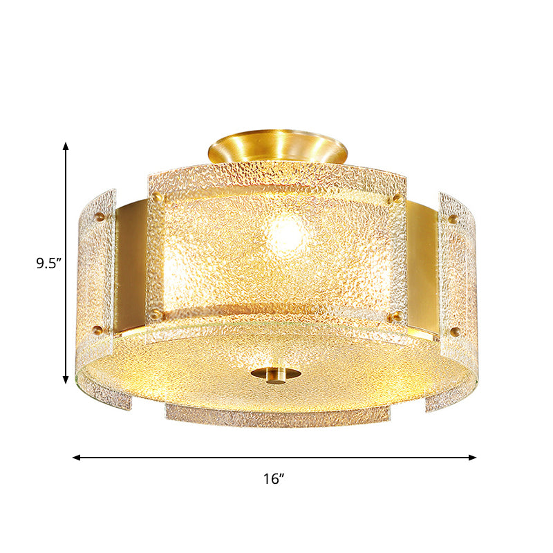 Golden Semi Flush Drum Light Simplicity 4-Light Water Glass Ceiling Mounted Fixture