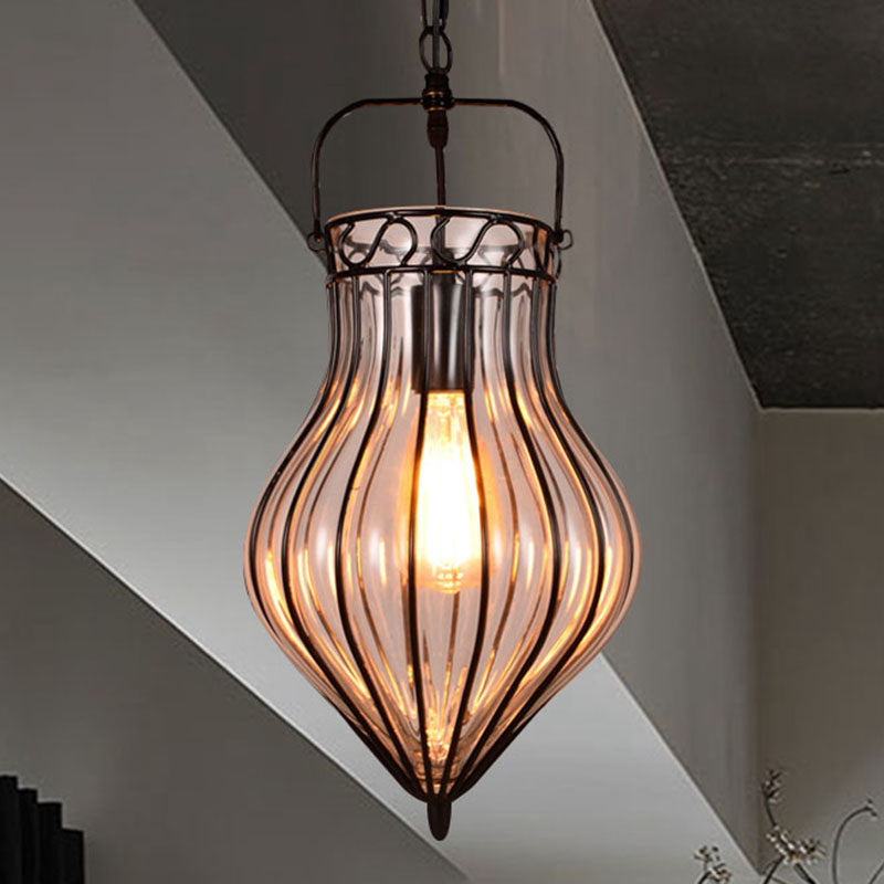 Clear Glass Teardrop Hanging Pendant Light Industrial Style Single Pendant Lighting in Black for Restaurant