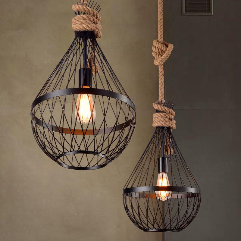 1 Sospensione a goccia leggera Filo in metallo Light Filo in stile Country Hanging Lamp in nero con 39 "corda