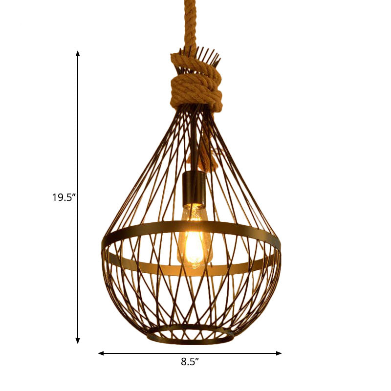 1 Light Teardrop Suspension Light Metal Wire Frame Country Style Hanging Lamp in Black with 39" Rope