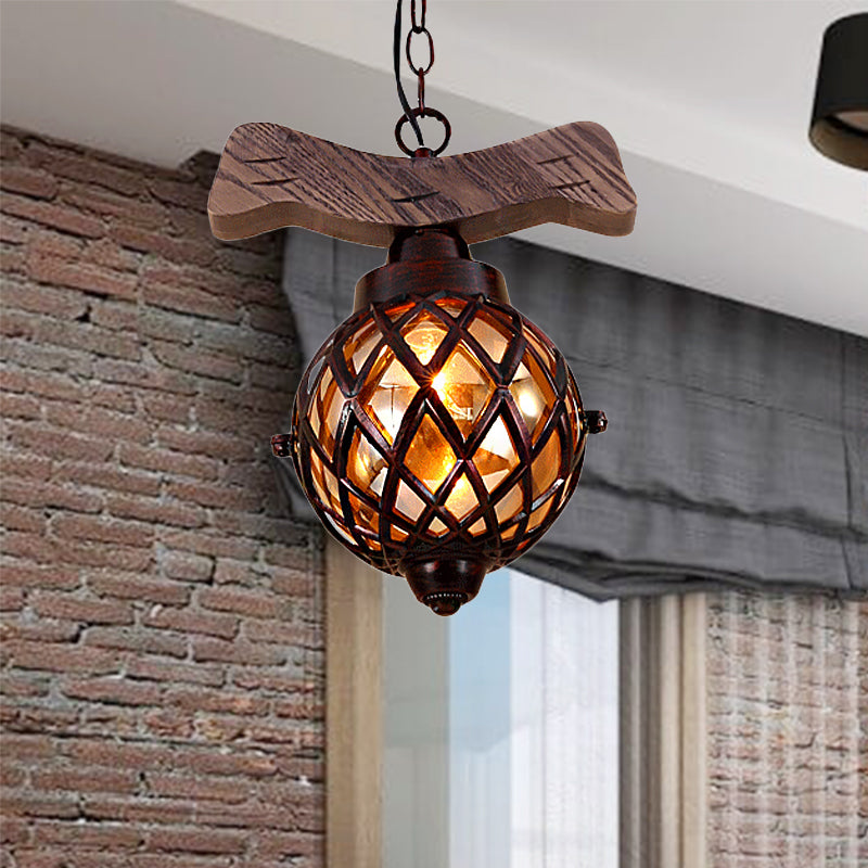 Amber Glass Ball hanglamp met houten basis 1 licht land plafond hangend licht in koper