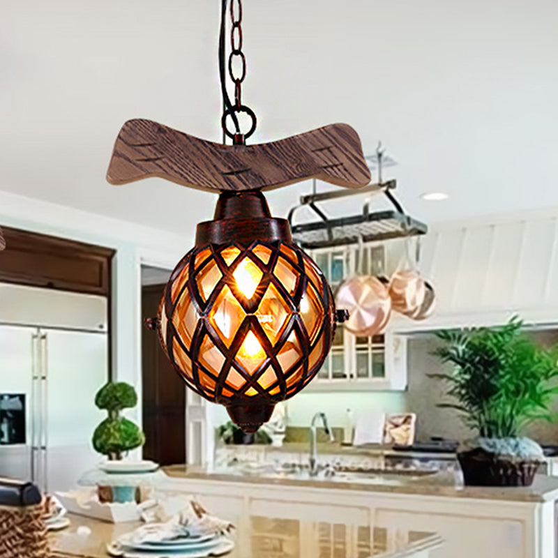 Amber Glass Ball Pendant Lamp with Wooden Base 1 Light Country Ceiling Hanging Light in Copper