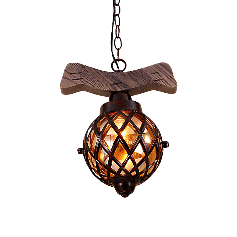 Amber Glass Ball hanglamp met houten basis 1 licht land plafond hangend licht in koper