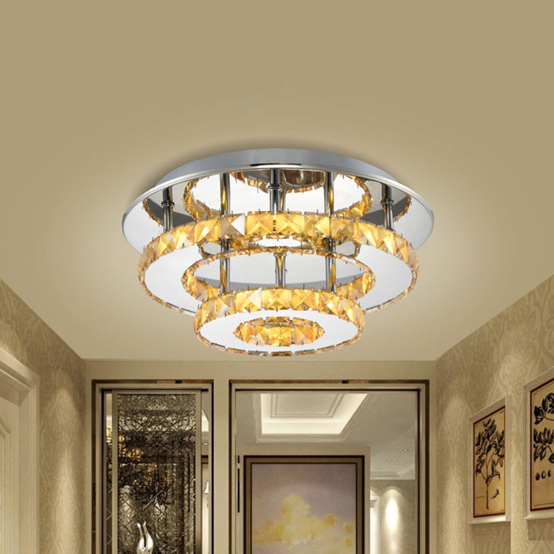 Modernist Round Semi Flush Light Crystal 2 Tier Clear/Amber Ceiling Flush Mount in Neutral/Warm/White/3 Color for Foyer