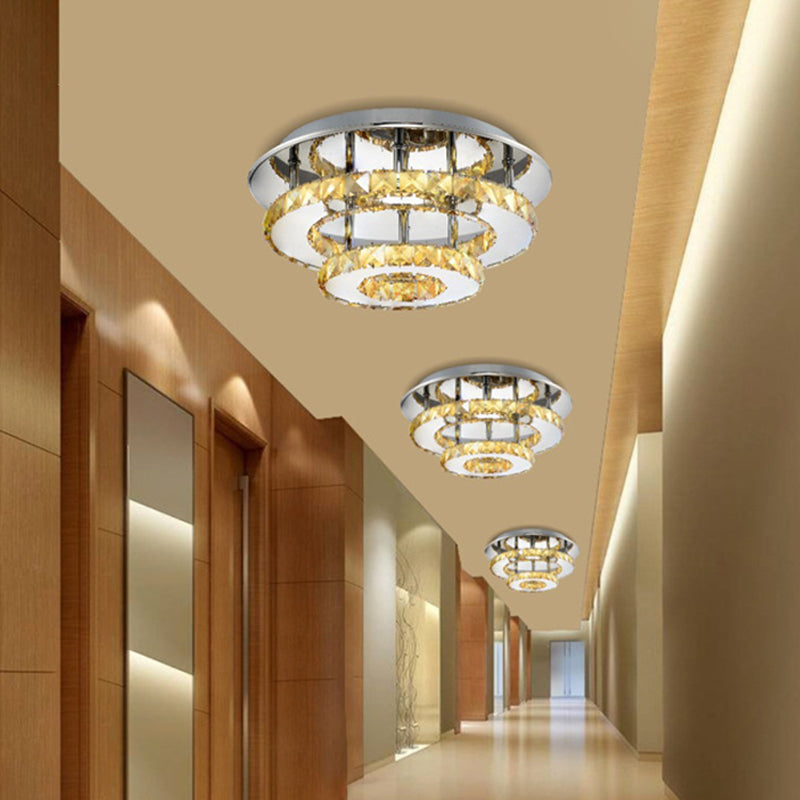 Modernist Round Semi Flush Light Crystal 2 Tier Clear/Amber Ceiling Flush Mount in Neutral/Warm/White/3 Color for Foyer