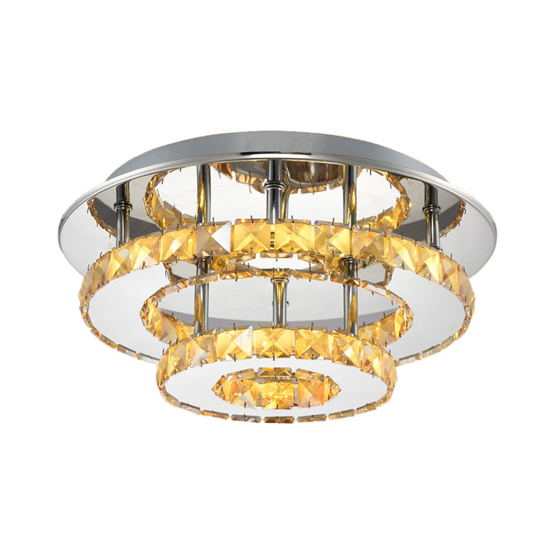 Modernist Round Semi Flush Light Crystal 2 Tier Clear/Amber Ceiling Flush Mount in Neutral/Warm/White/3 Color for Foyer