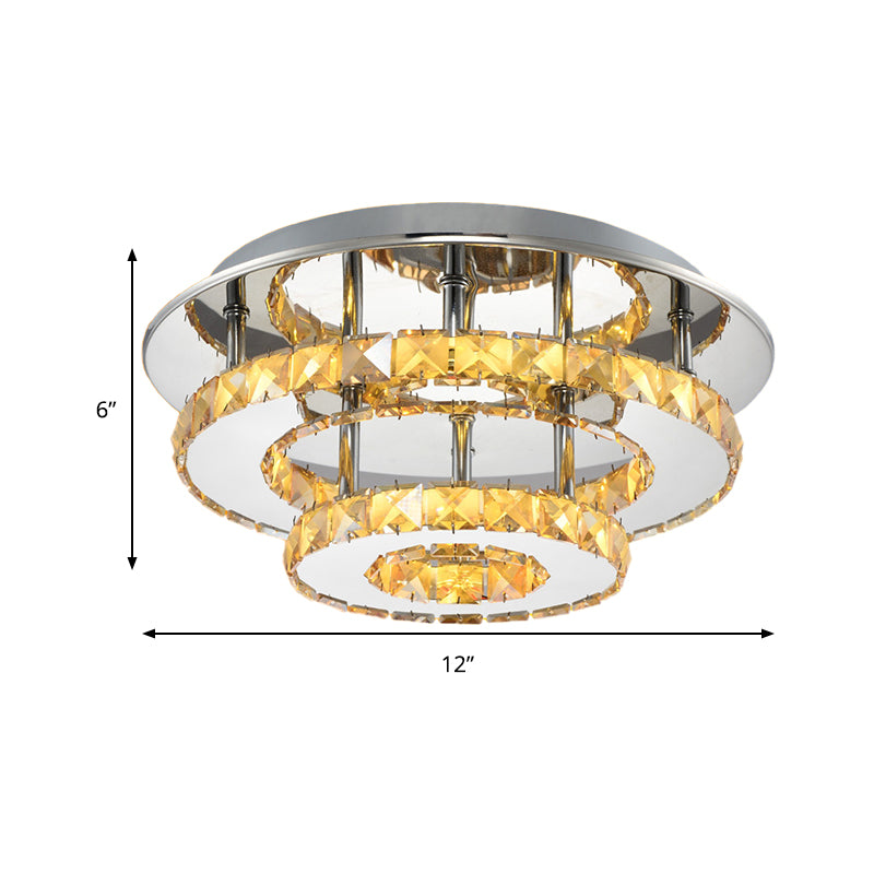 Modernist Round Semi Flush Light Crystal 2 Tier Clear/Amber Ceiling Flush Mount in Neutral/Warm/White/3 Color for Foyer