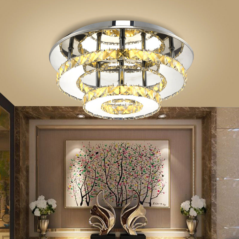 Modernistische Ronde Semi Flush Light Crystal 2 Tier Clear/Amber Plafond Flush Mount in Neutraal/Warm/Wit/3 Kleur voor Foyer