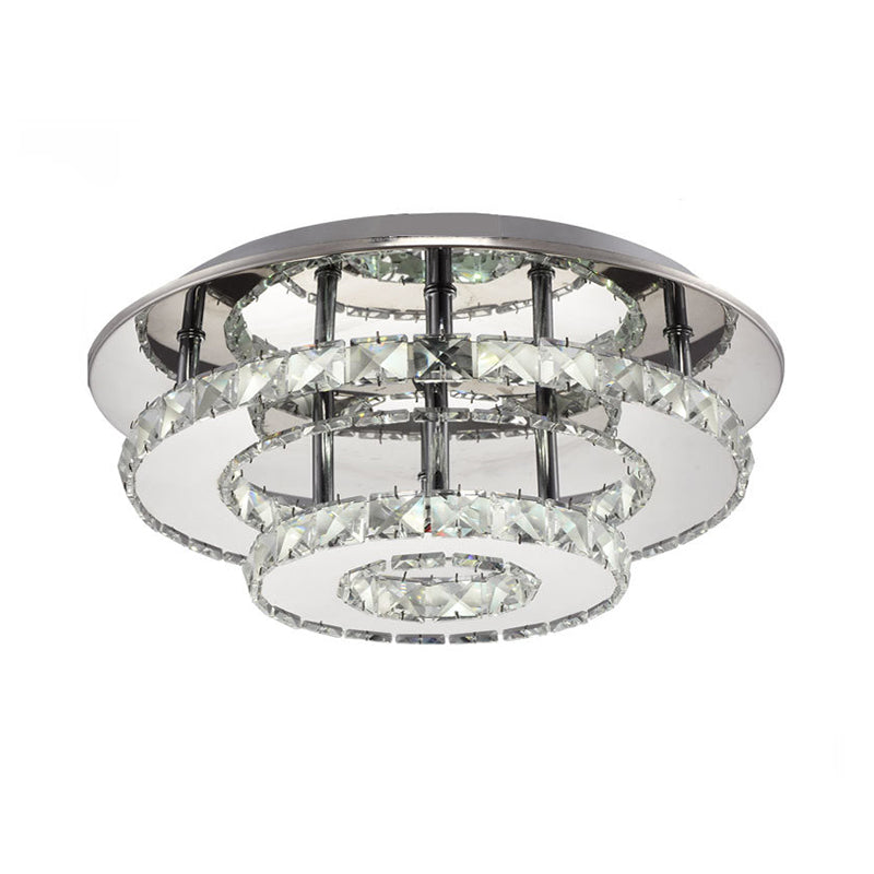 Modernist Round Semi Flush Light Crystal 2 Tier Clear/Amber Ceiling Flush Mount in Neutral/Warm/White/3 Color for Foyer