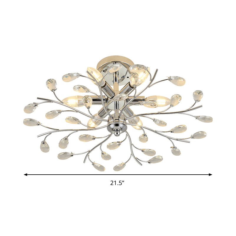 Branch Semi Flush Chandelier Modern Metal and Crystal 6 Heads Semi Flush Light in Chrome