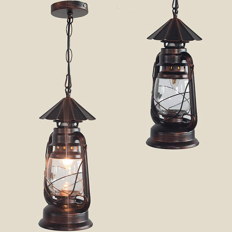 Metal Rust Finish Pendant Light Fixture Kerosene Lamp Shaped 1-Light Nautical Style Hanging Light