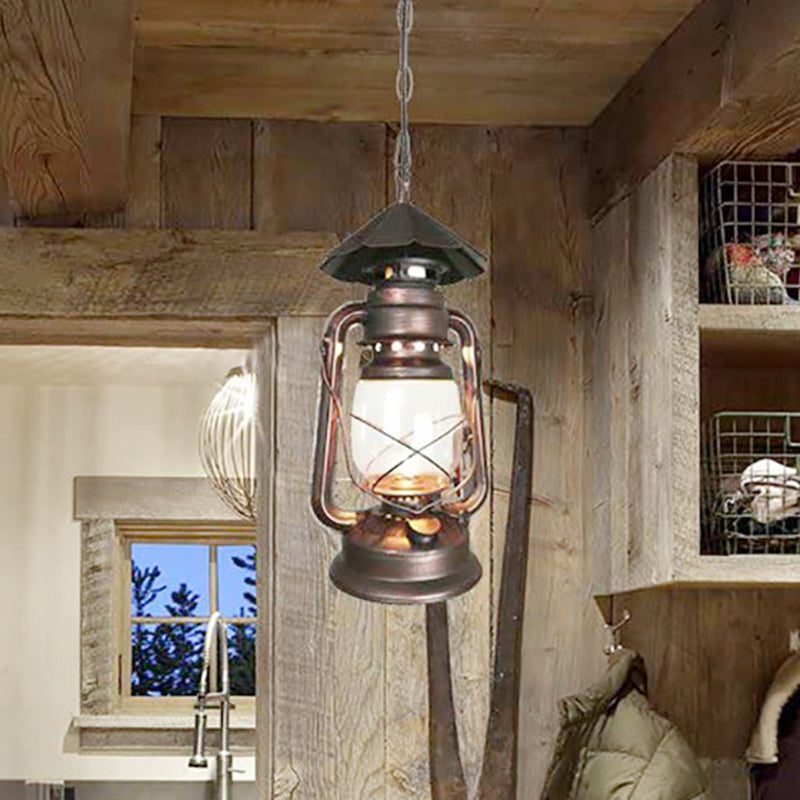 Metal Rust Finish Pendant Light Fixture Kerosene Lamp Shaped 1-Light Nautical Style Hanging Light