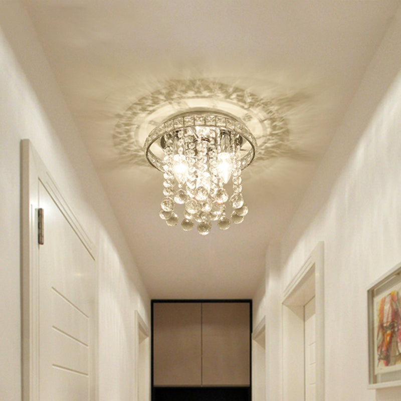 Round Ceiling Lighting with Crystal Accents Contemporary 3 Bulbs Living Room Ceiling Mounted Light in Chrome Finish