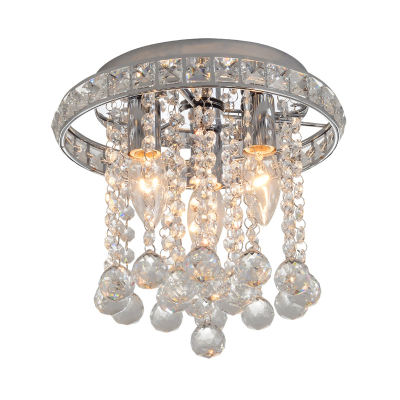 Round Ceiling Lighting with Crystal Accents Contemporary 3 Bulbs Living Room Ceiling Mounted Light in Chrome Finish