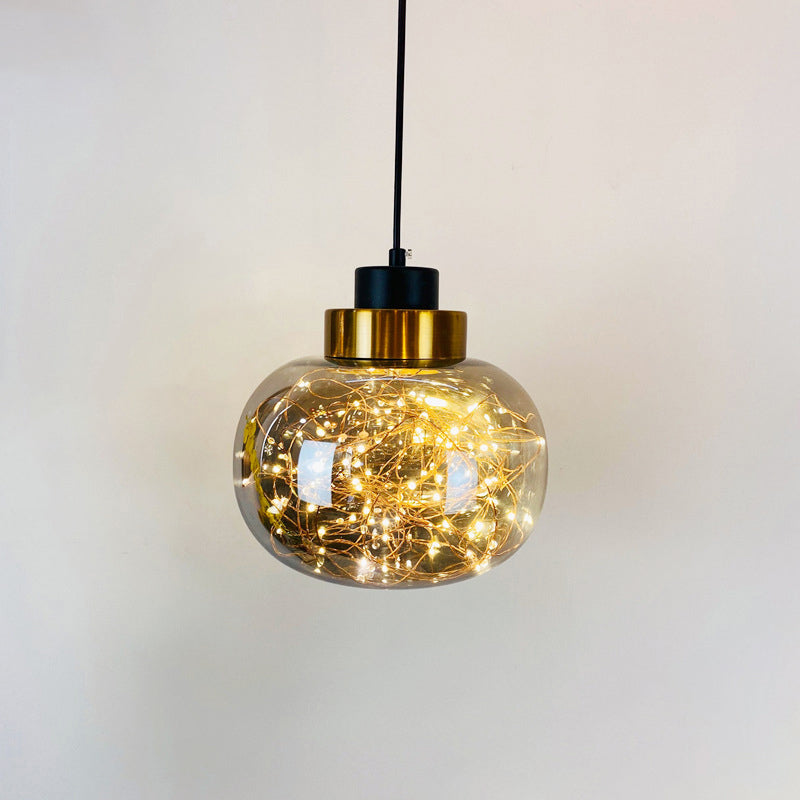 Glass Jar Pendant Light Fixture Modern Brass Finish Ceiling Hang Lamp with LED String