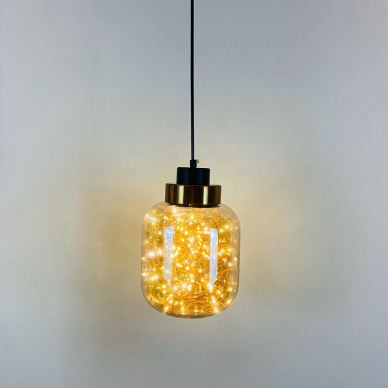 Glass Jar Pendant Light Fixture Modern Brass Finish Ceiling Hang Lamp with LED String