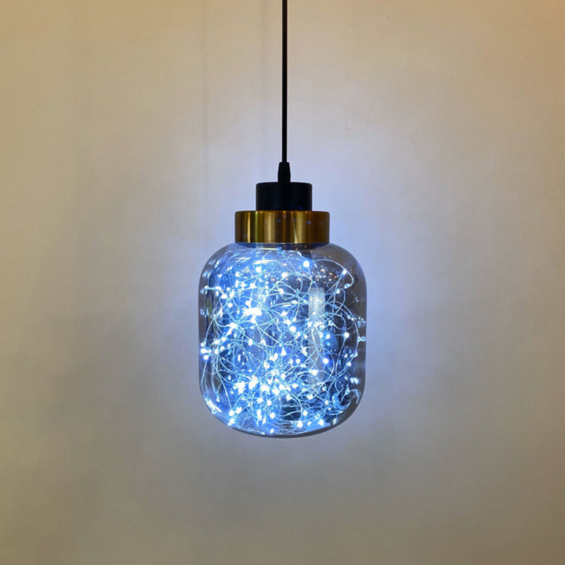 Glass Jar Pendant Light Fixture Modern Brass Finish Ceiling Hang Lamp with LED String