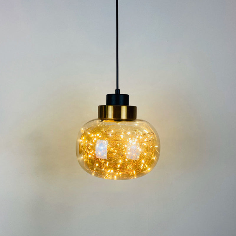 Glass Jar Pendant Light Fixture Modern Brass Finish Ceiling Hang Lamp with LED String