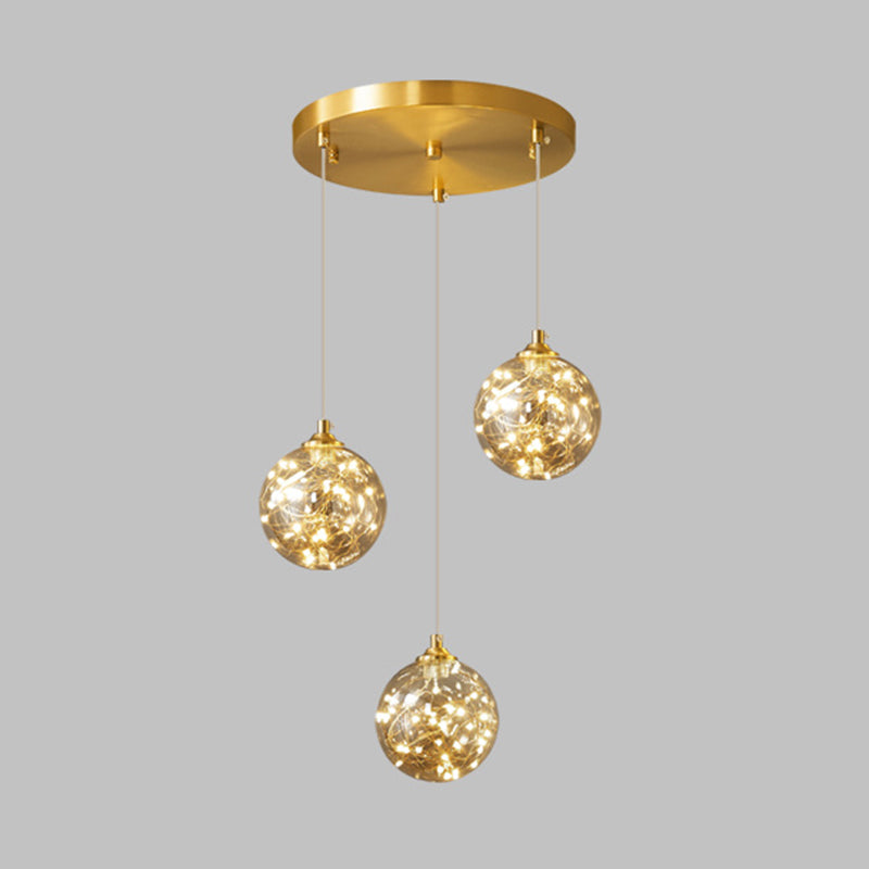 Finition en laiton globe suspension lampe nordique en verre ambre LED Éclairage pendentif étoilé pour la chambre