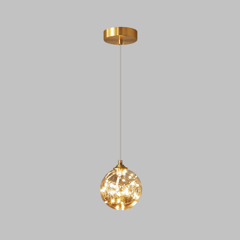 Brass Finish Globe Suspension Lamp Nordic Amber Glass LED Starry Pendant Lighting for Bedroom