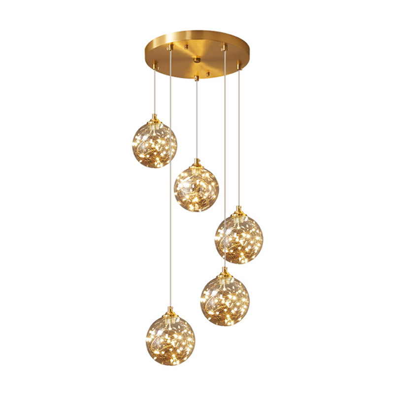 Brass Finish Globe Suspension Lamp Nordic Amber Glass LED Starry Pendant Lighting for Bedroom