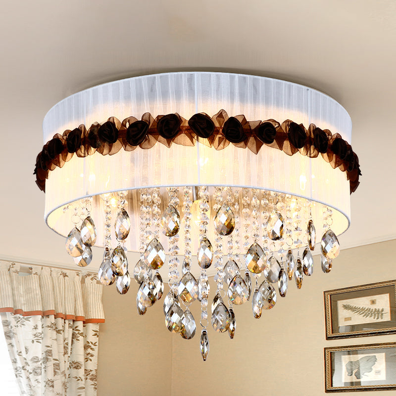 Fabric Circle Flushmount Lighting Vintage 6 Lights Bedroom Flush Ceiling Light with Crystal Bead Decoration in White