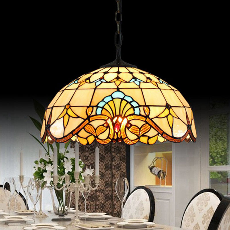 Iluminación de suspensión de cúpula de vidrio tiffany de beige de 1 linda para comedor