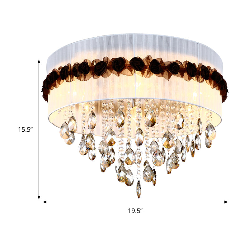 Fabric Circle Flushmount Lighting Vintage 6 Lights Bedroom Flush Ceiling Light with Crystal Bead Decoration in White