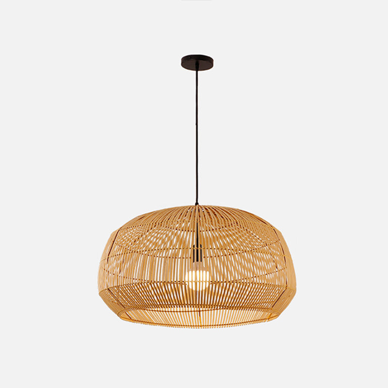 Round Pendant Lighting Fixture Asian Style 1-Bulb Wood Suspension Light for Balcony