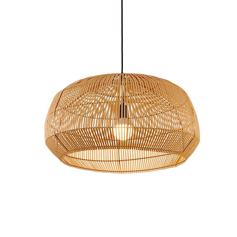 Round Pendant Lighting Fixture Asian Style 1-Bulb Wood Suspension Light for Balcony