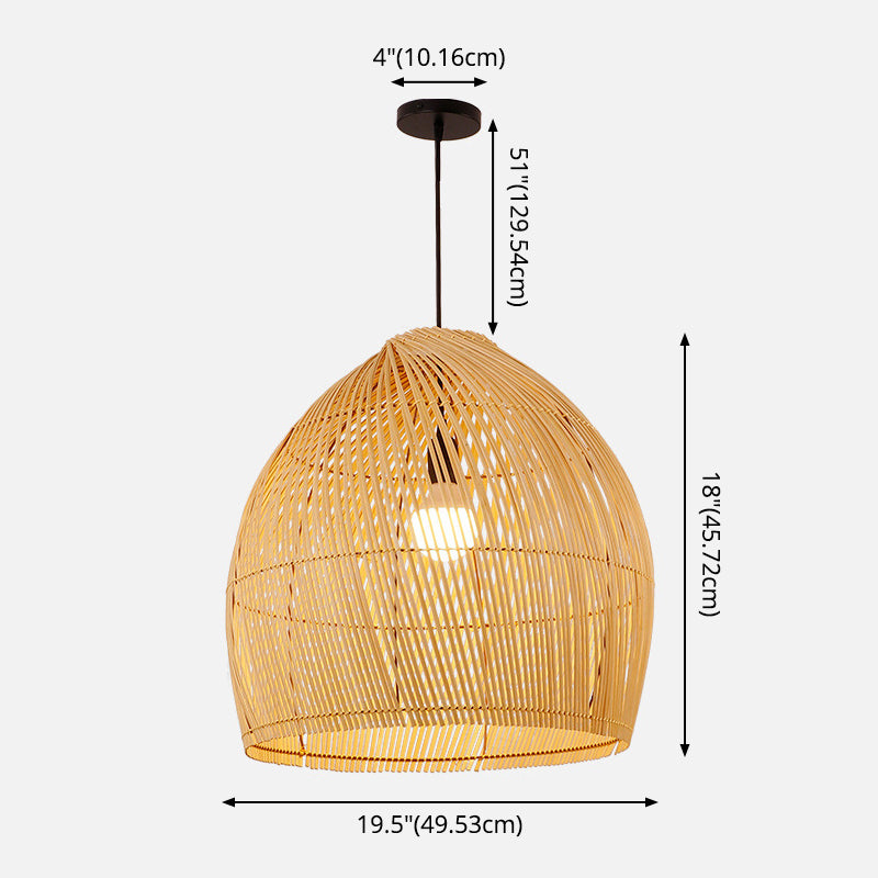 Round Pendant Lighting Fixture Asian Style 1-Bulb Wood Suspension Light for Balcony