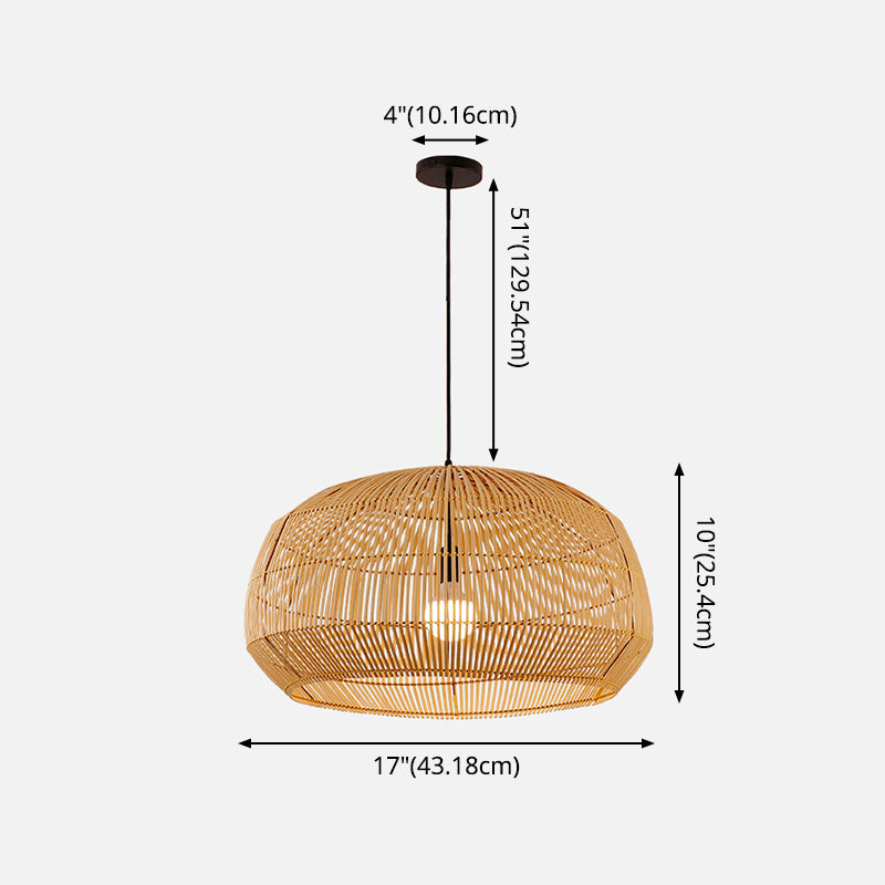 Round Pendant Lighting Fixture Asian Style 1-Bulb Wood Suspension Light for Balcony