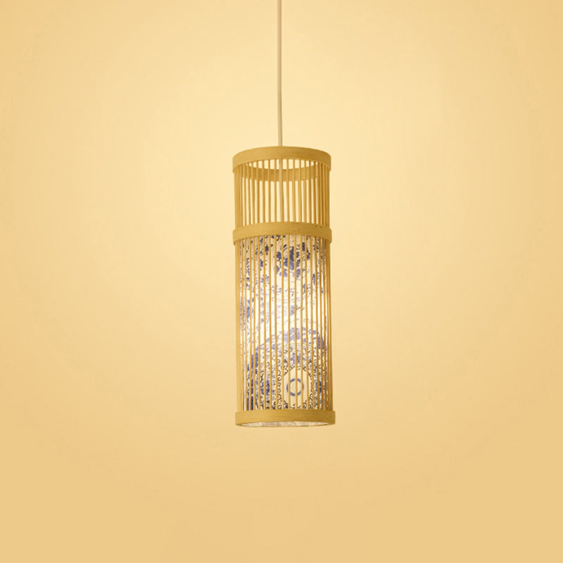 Chinoiserie Woven Hanging Light Fixture Bamboo Single Tea Room Ceiling Light with Print Lampshade