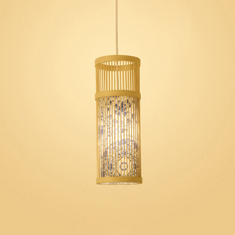 Chinoiserie Woven Hanging Light Fixture Bamboo Single Tea Room Ceiling Light with Print Lampshade