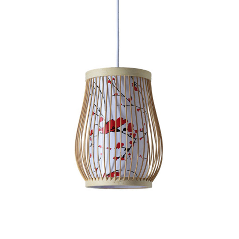 Chinoiserie tissé suspendu luminaire en bambou à thé simple plafonnier avec un abat-jour imprimé