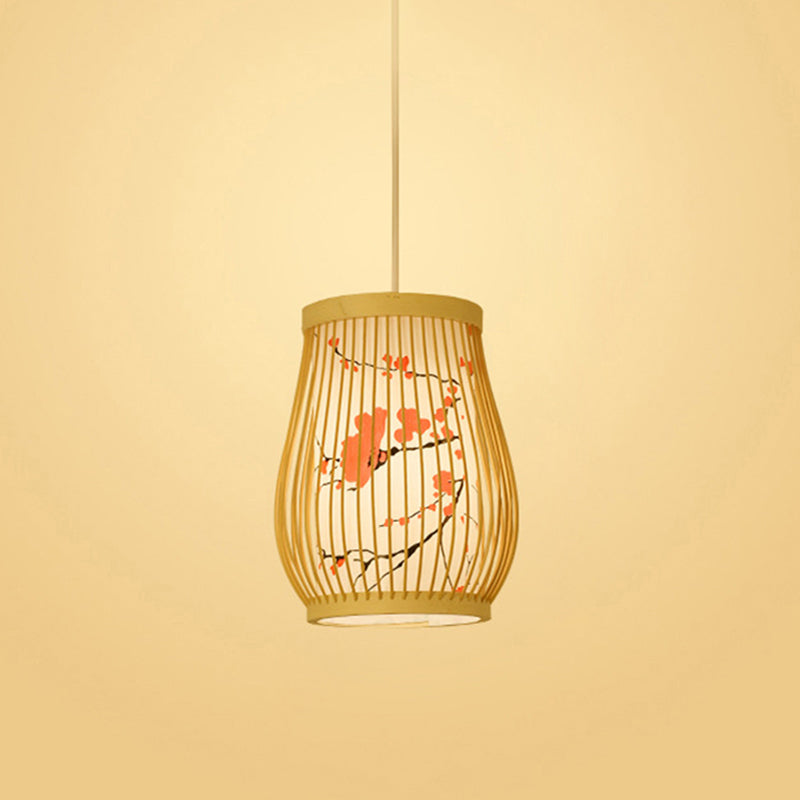 Chinoiserie Woven Hanging Light Fixture Bamboo Single Tea Room Ceiling Light with Print Lampshade